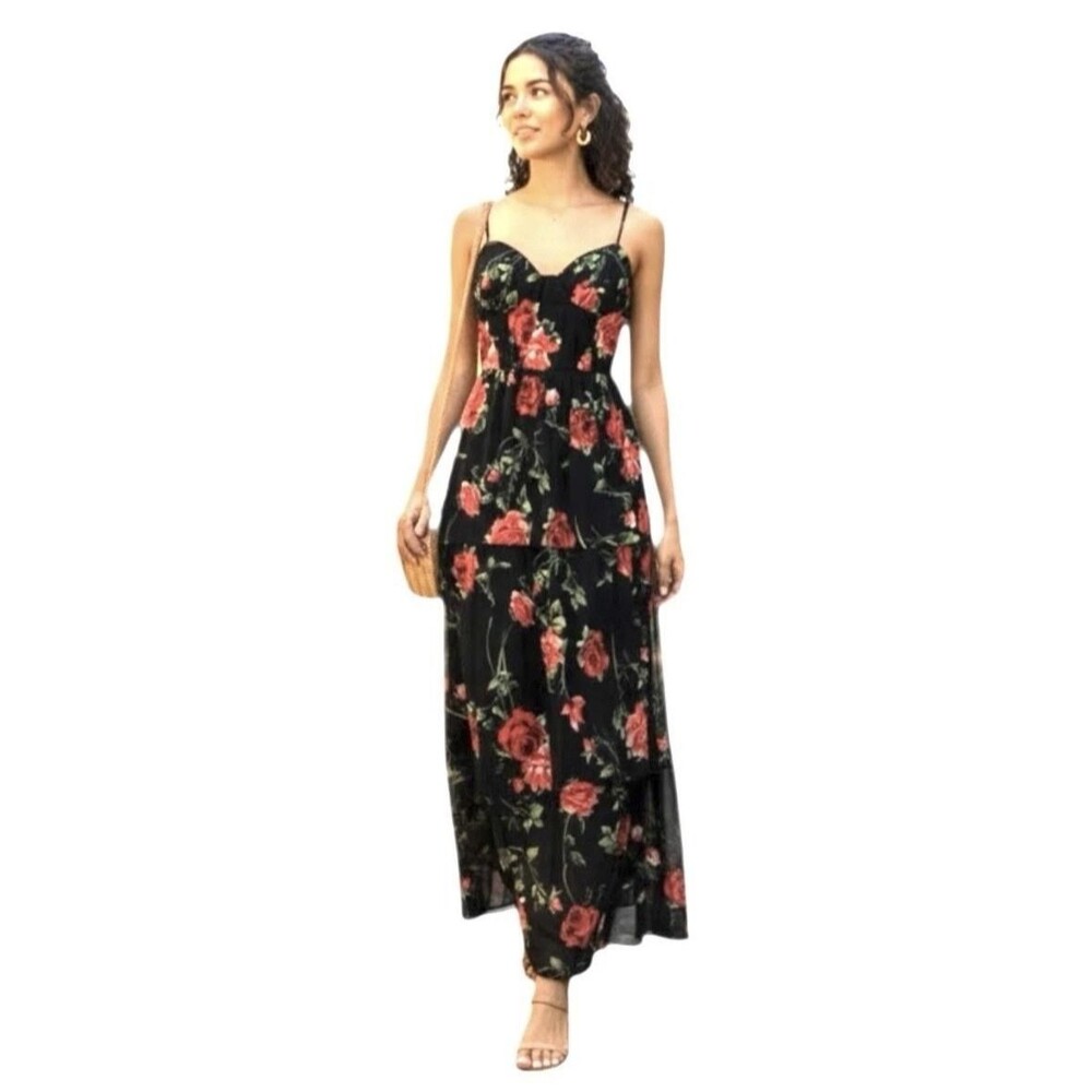 Crystal Doll Dress Juniors 1 Black Floral Chiffon Maxi Sundress Layered Summer